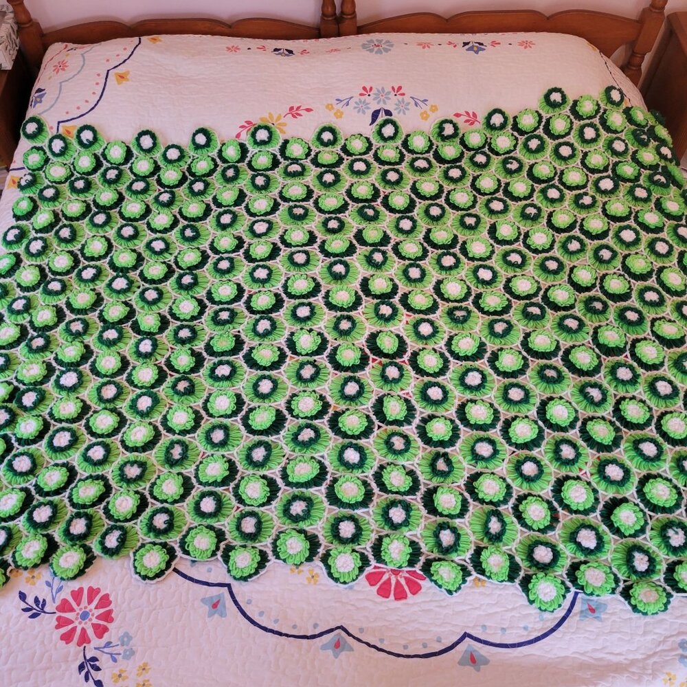 Vintage Green Crochet Floral Afghan Vintage Coverlet Bedspread Blanket 3D 88x67